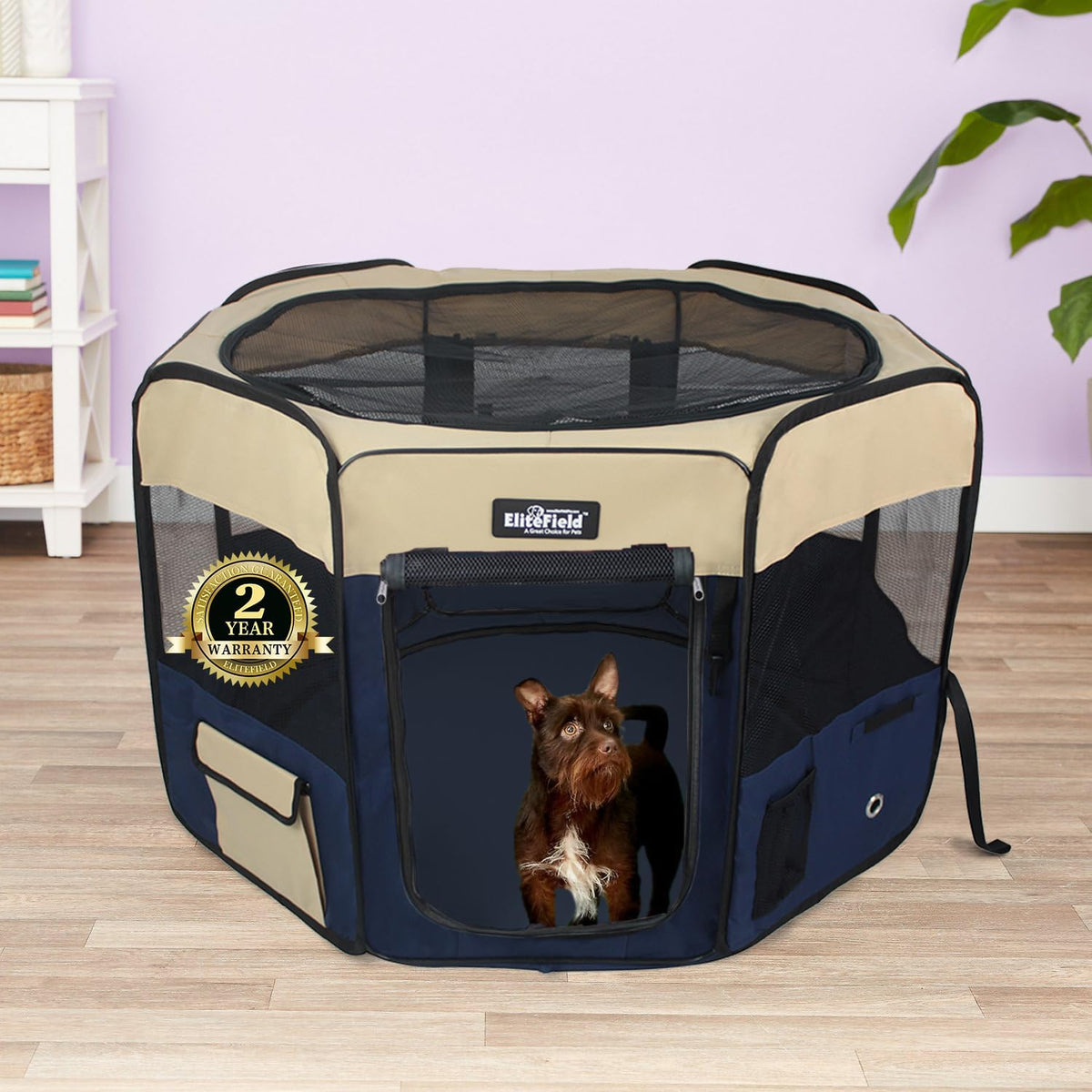 elitefield 2-door soft pet playpen for dogs and shown in use