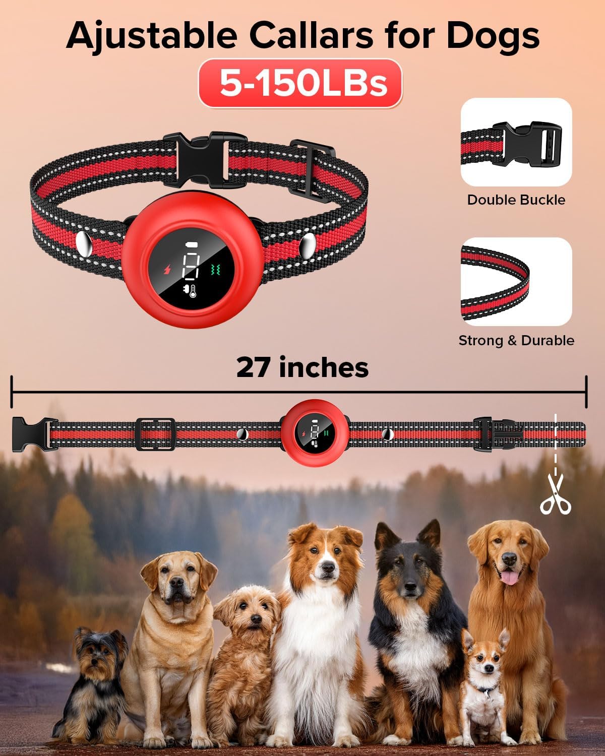 xdx 2-in-1 dog shock collar & bark collar showing dimensions