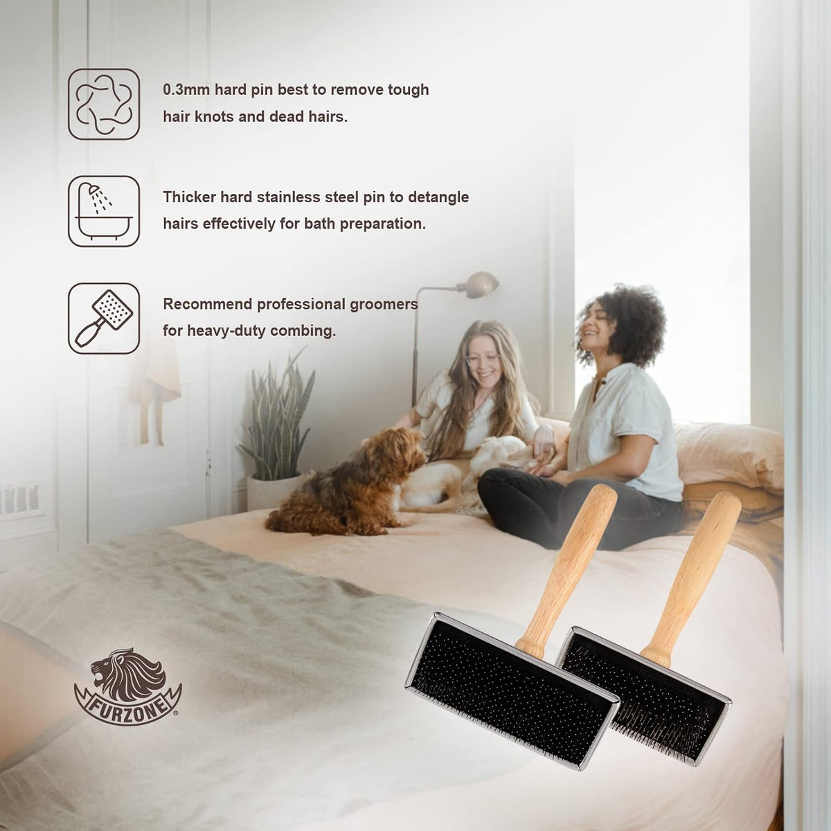 furzone wooden slicker brush - stainless steel hard, side view
