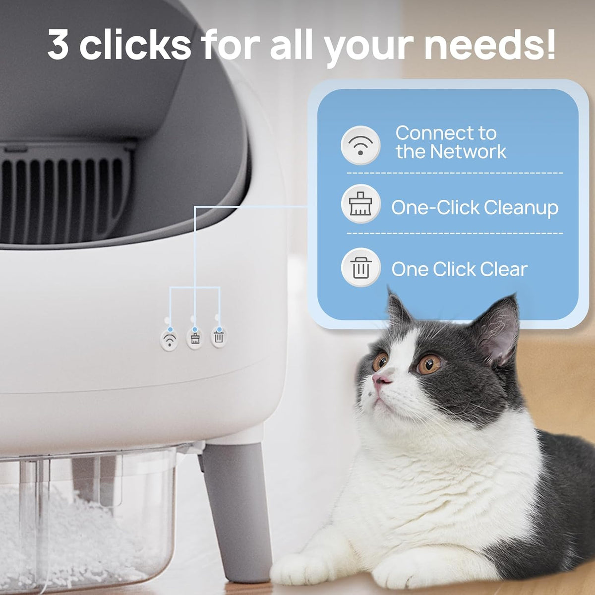 open-top automatic cat litter box, self cleaning litter showing dimensions