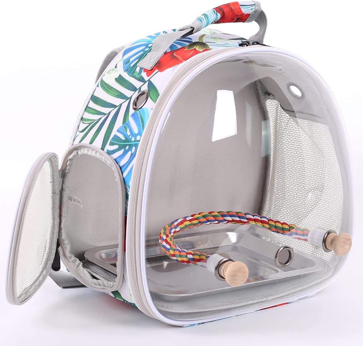 bird carrier backpack with rope perch, portable bird, close-up detail