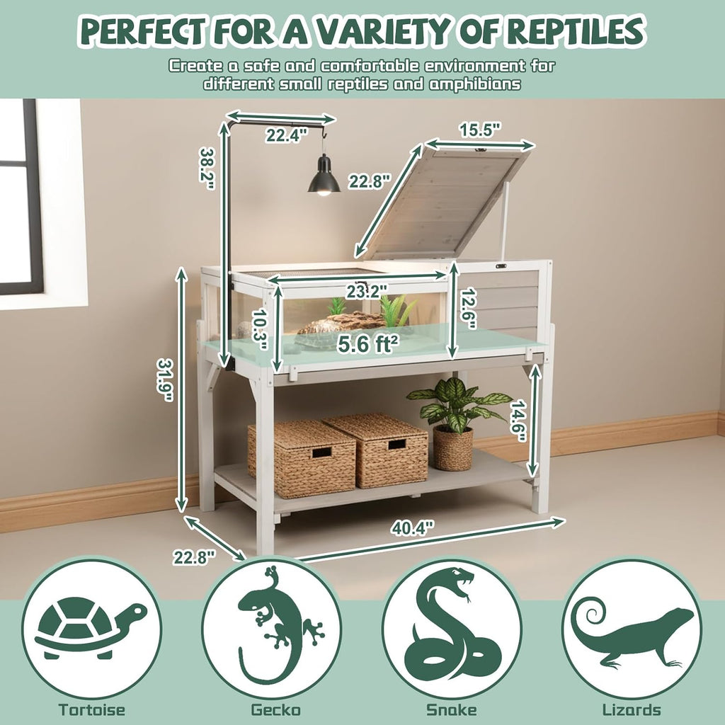 large tortoise enclosure with adjustable lamp stand and shown in use