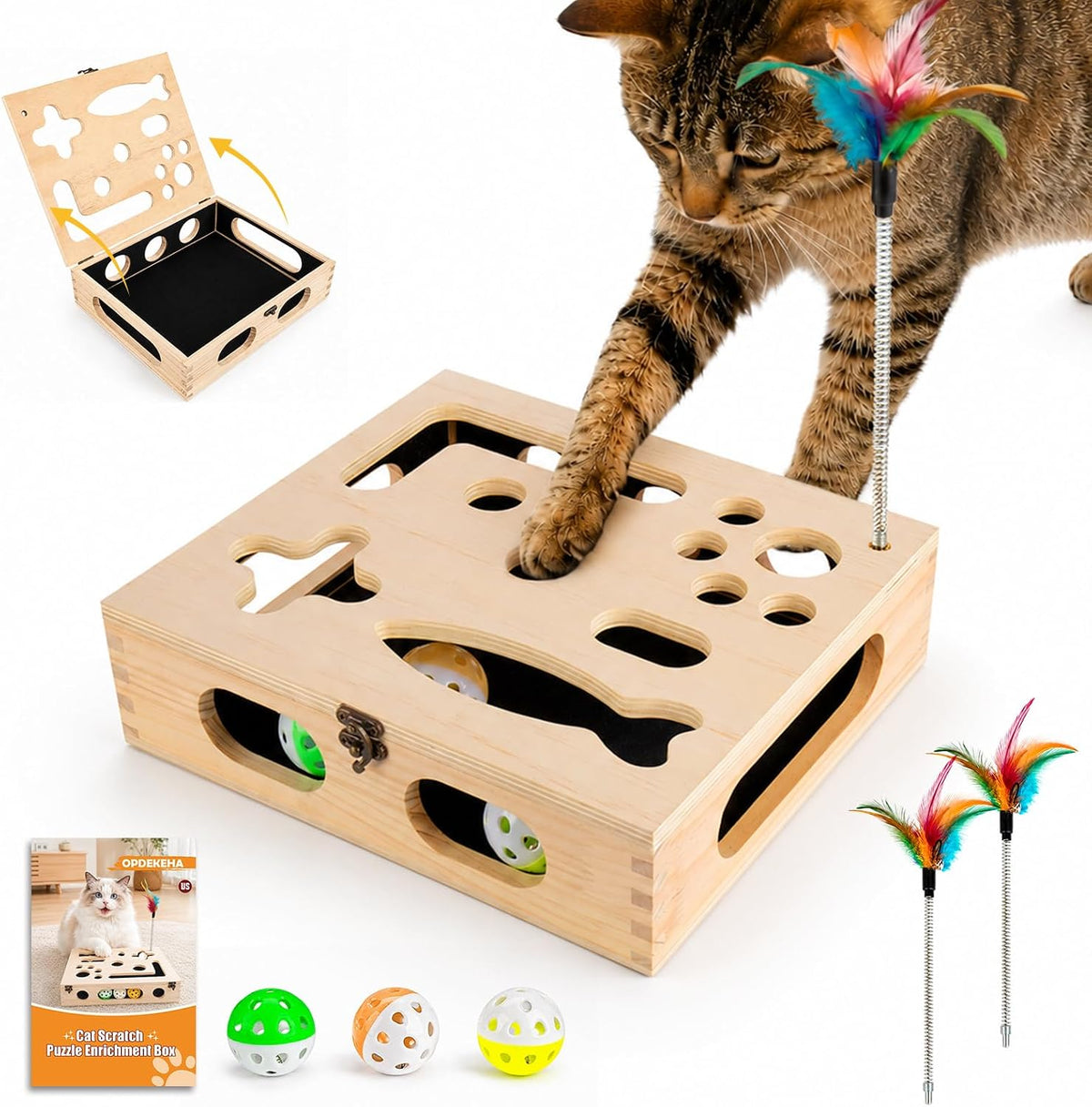 cat scratch puzzle enrichment box, interactive cat toy, main product view