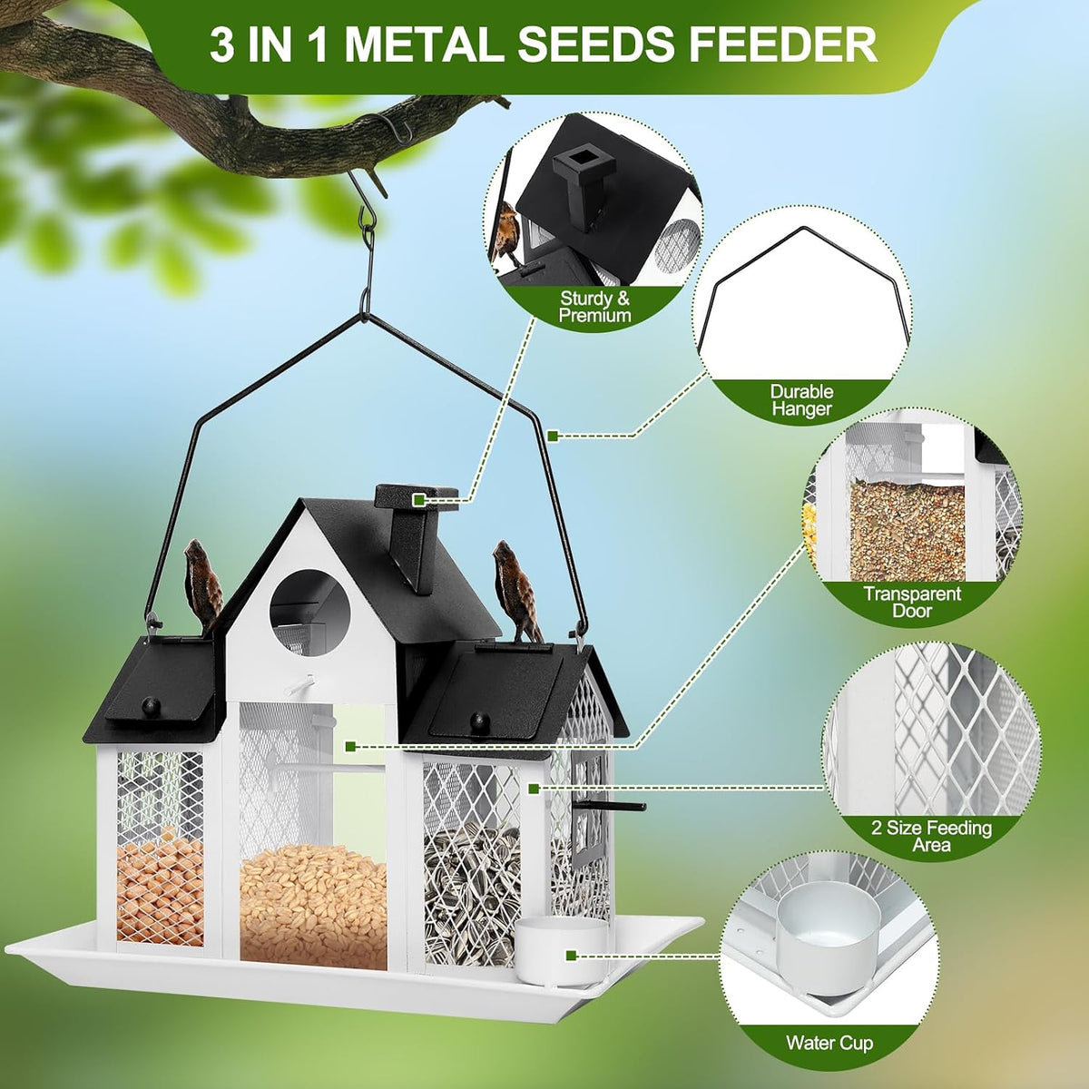 solar bird feeders for outdoors hanging, bird houses shown in use