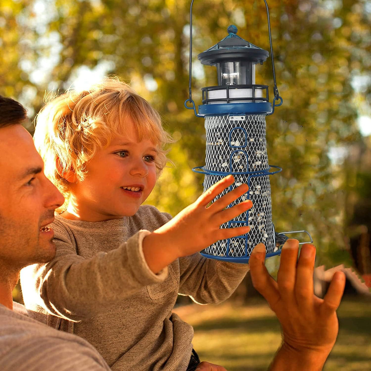 14" solar bird feeder lighthouse with rotating beacon showing dimensions