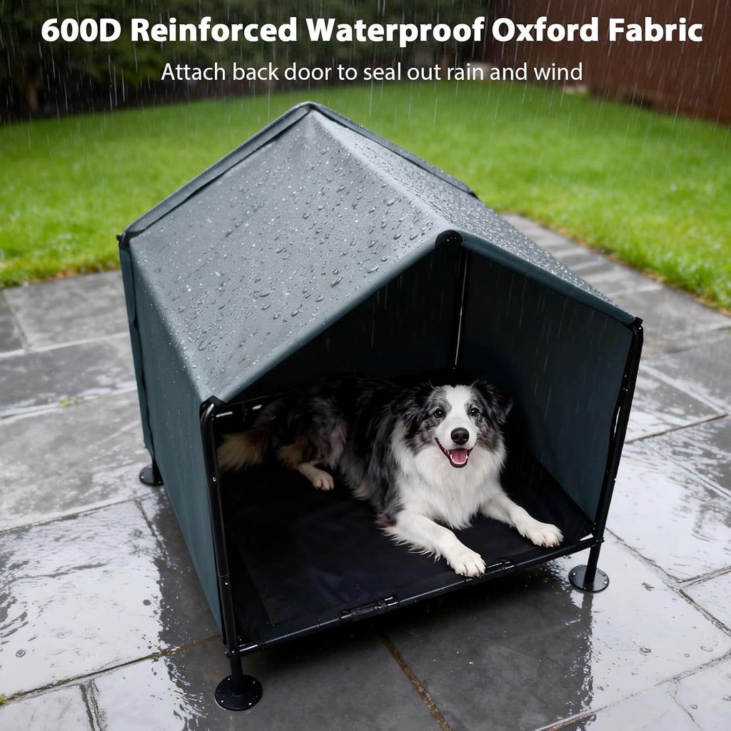 large dog canopy with elevated bed, outdoor dog on a desk or shelf