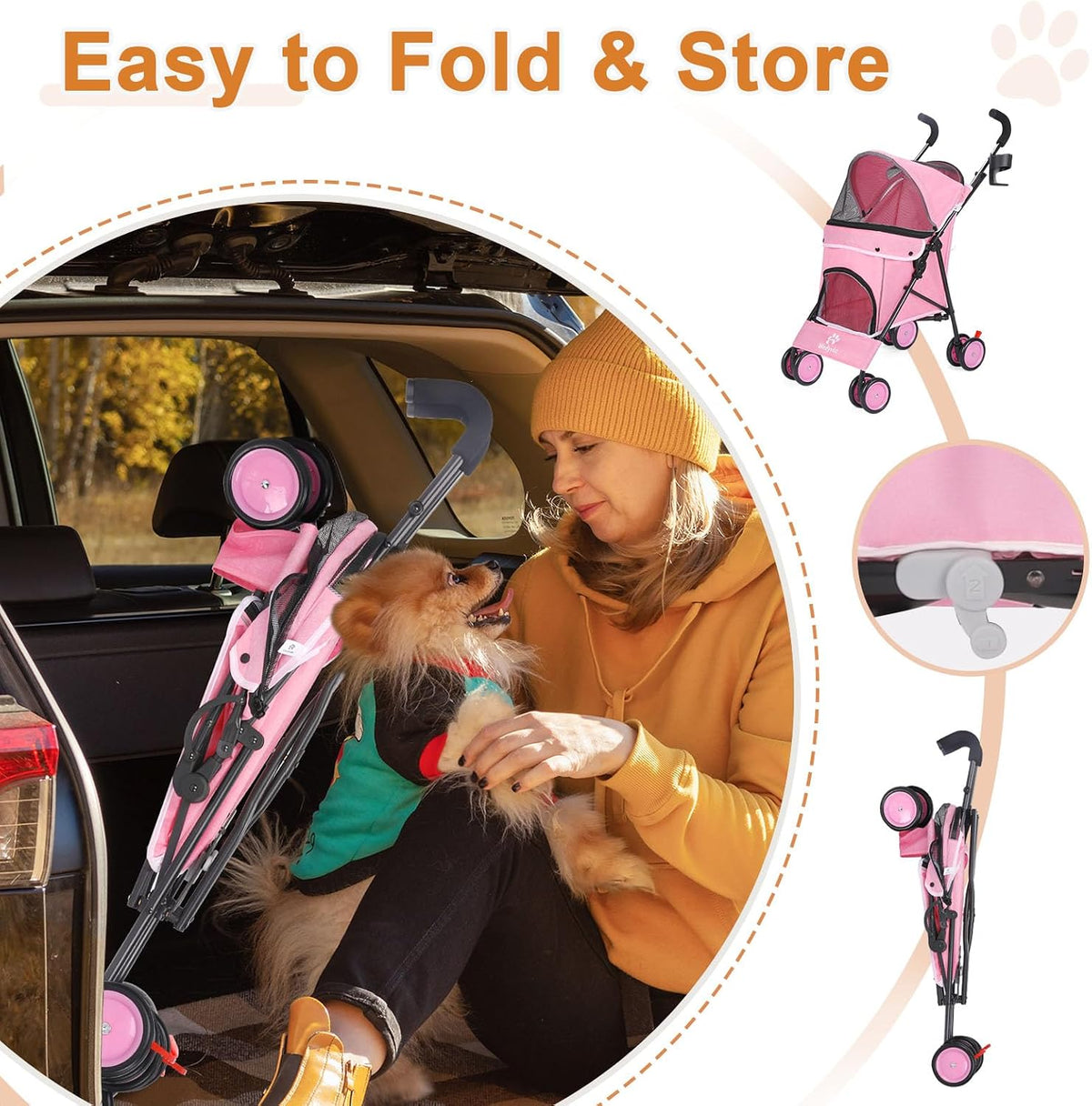 umbrella dog stroller, 4 wheels pet strolling, foldable showing dimensions