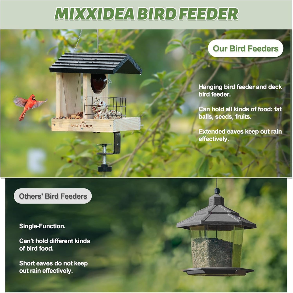 mixxidea wooden deck bird feeder for railing, balcony showing dimensions