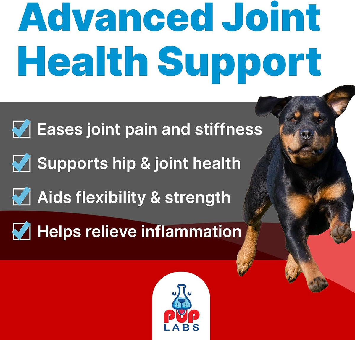pup labs freedom joint chews, dog glucosamine packed shown in use