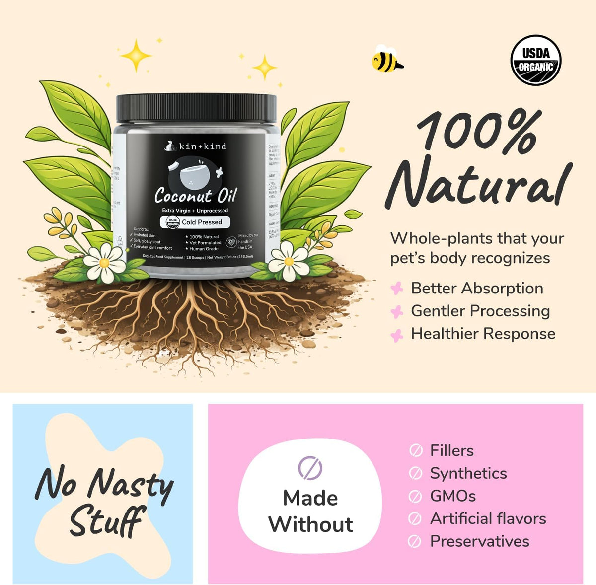 kin+kind organic coconut oil pet supplement for dogs, side view