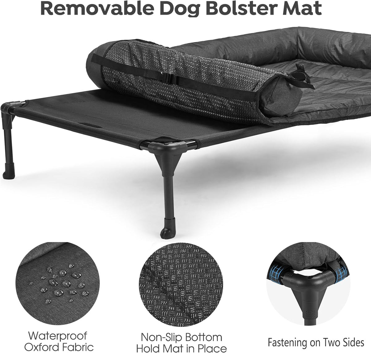 veehoo outdoor elevated dog bed with waterproof bolster, side view