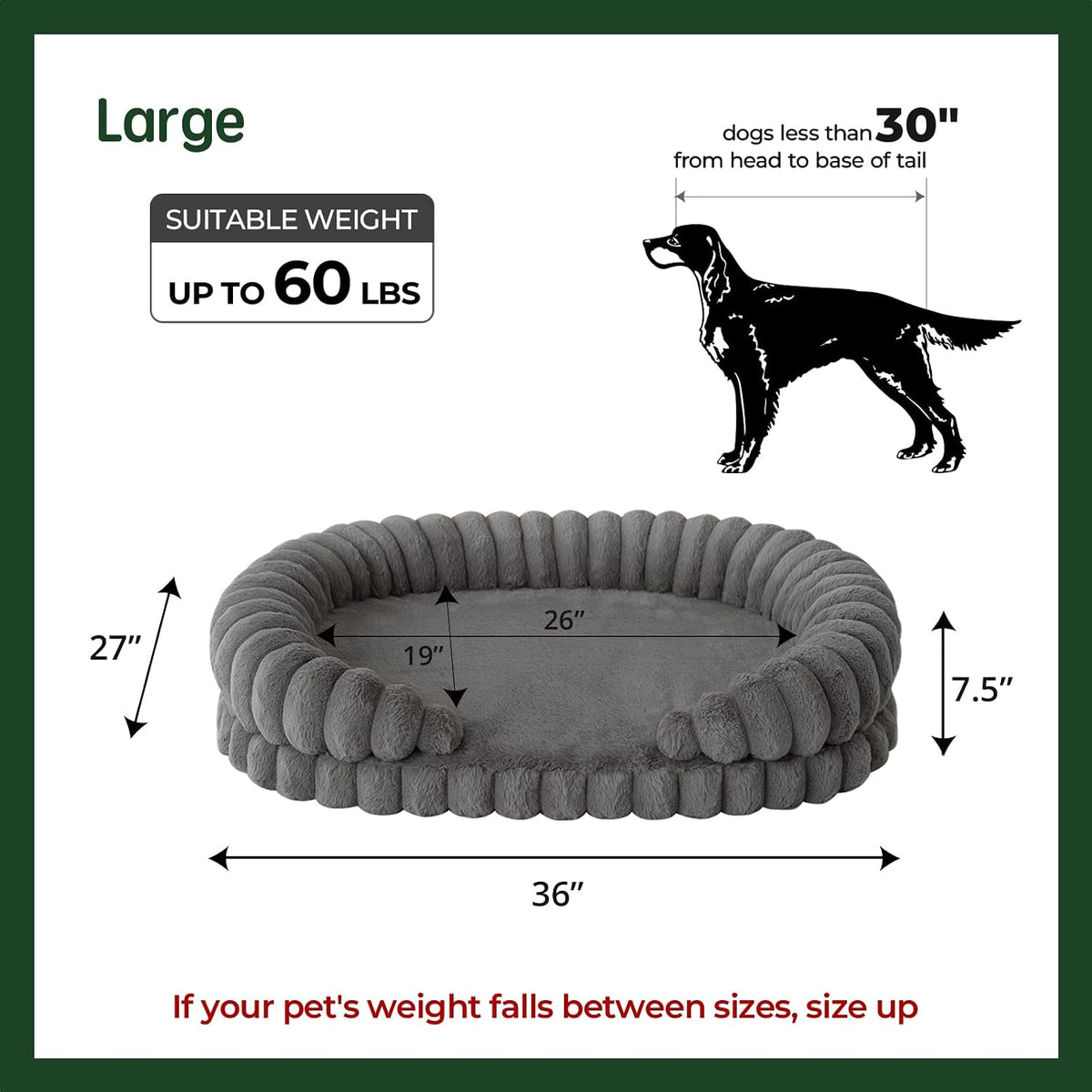 balance calming dog bed for large sized dogs showing dimensions