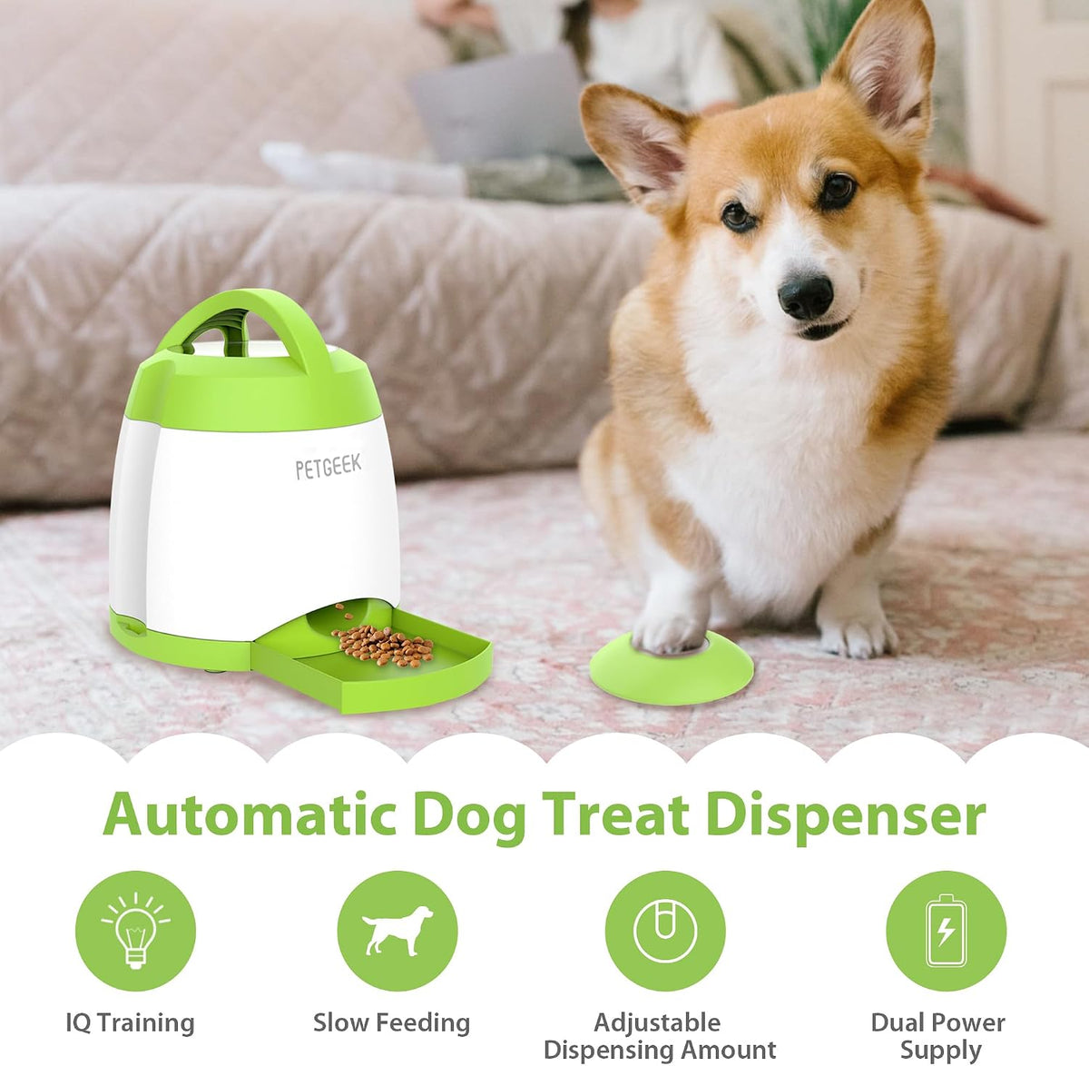 petgeek dog food dispenser toy, interactive pet toys shown in use