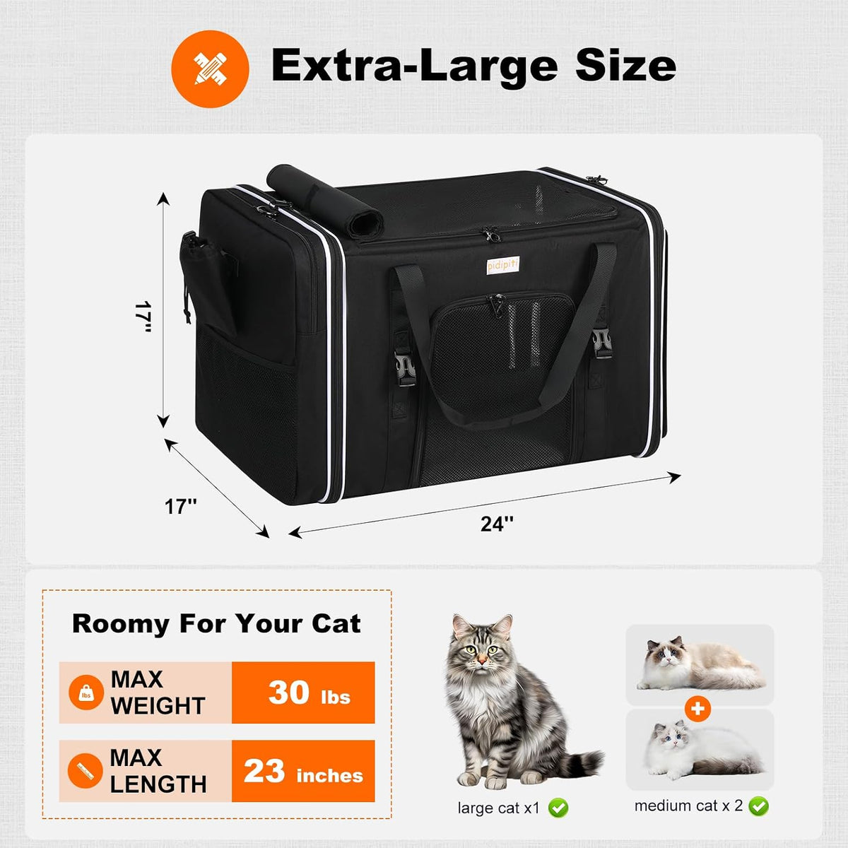 pidipiti 24x17x17 x-large pet carrier for 1 large shown in use