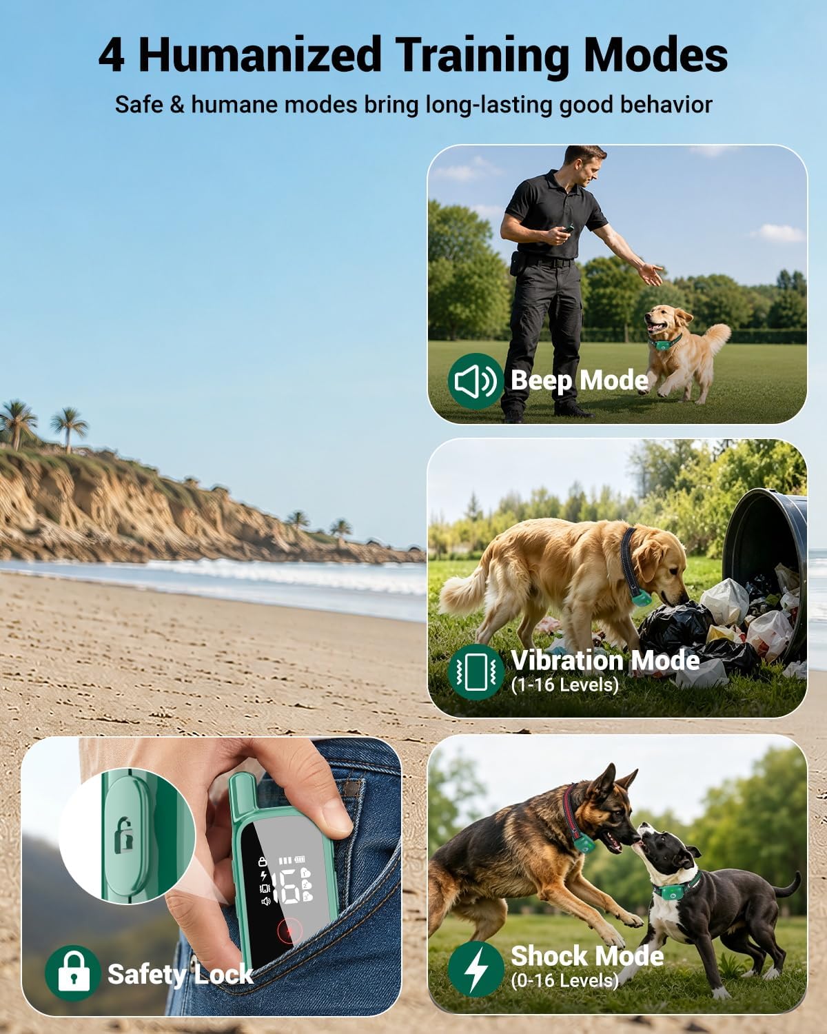 touch-screen dog shock collar, 2600ft range, ipx8 waterproof shown in use