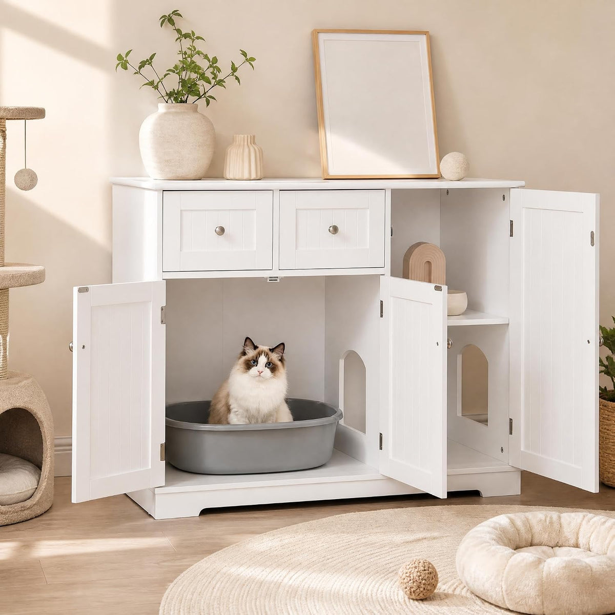 petsite white cat litter box enclosure, modern hidden, main product view