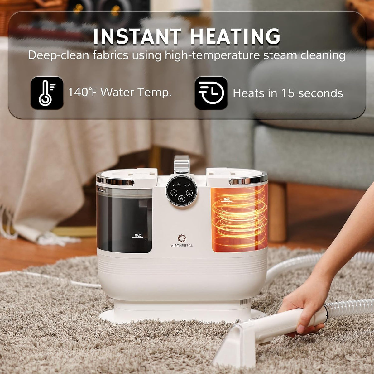 airthereal portable upholstery spot cleaner, instant heating carpet shown in use