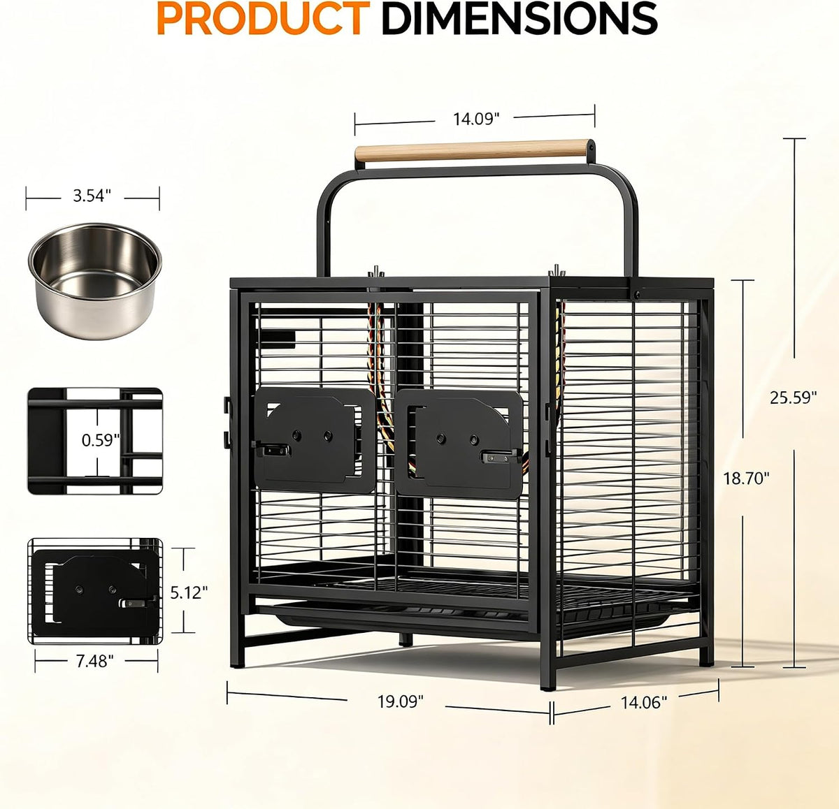 vingli small bird cage, 19 inch travel carrier showing dimensions