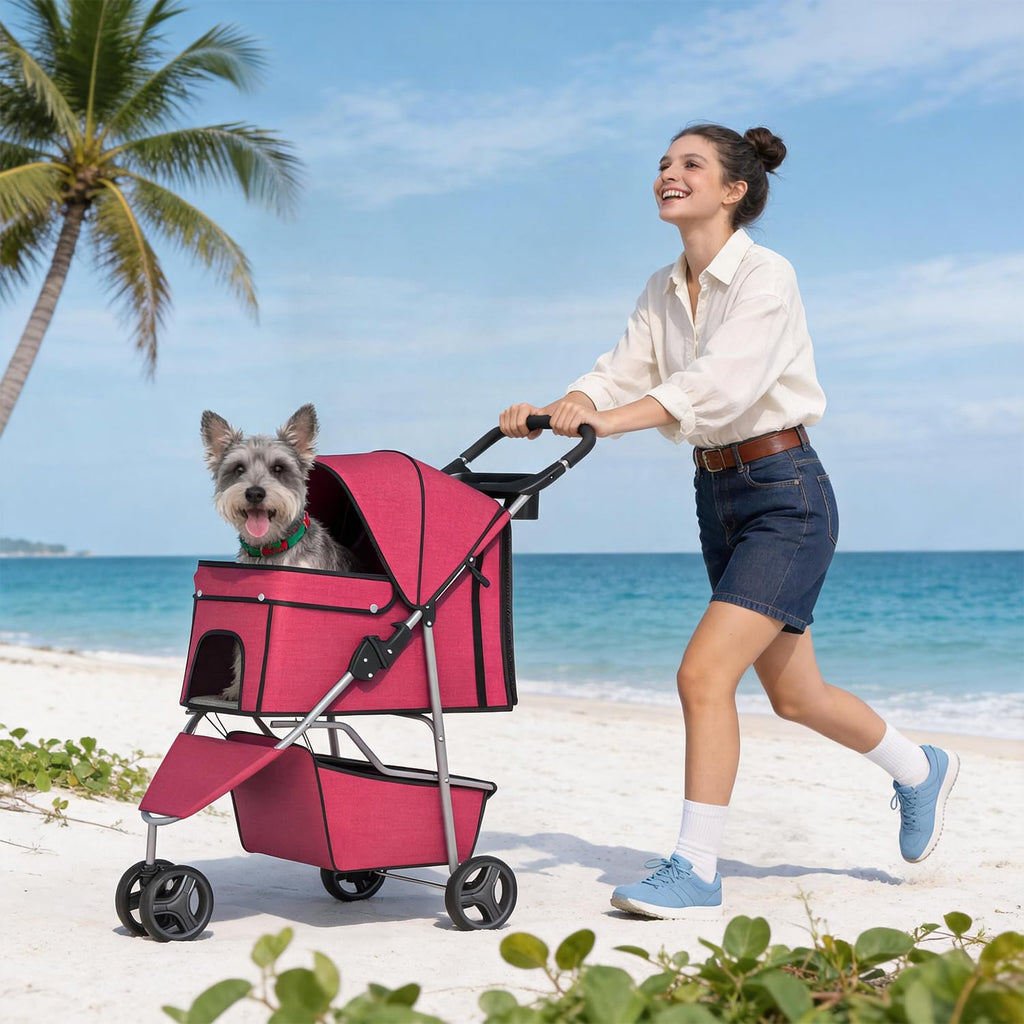 bestpet | 3-wheel pet stroller | red | shown in use