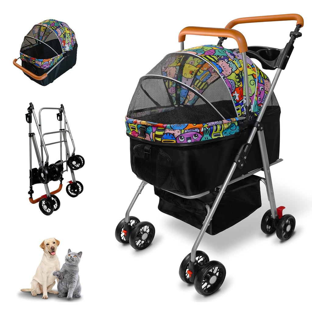 pet stroller with storage basket and cup holder, main product view