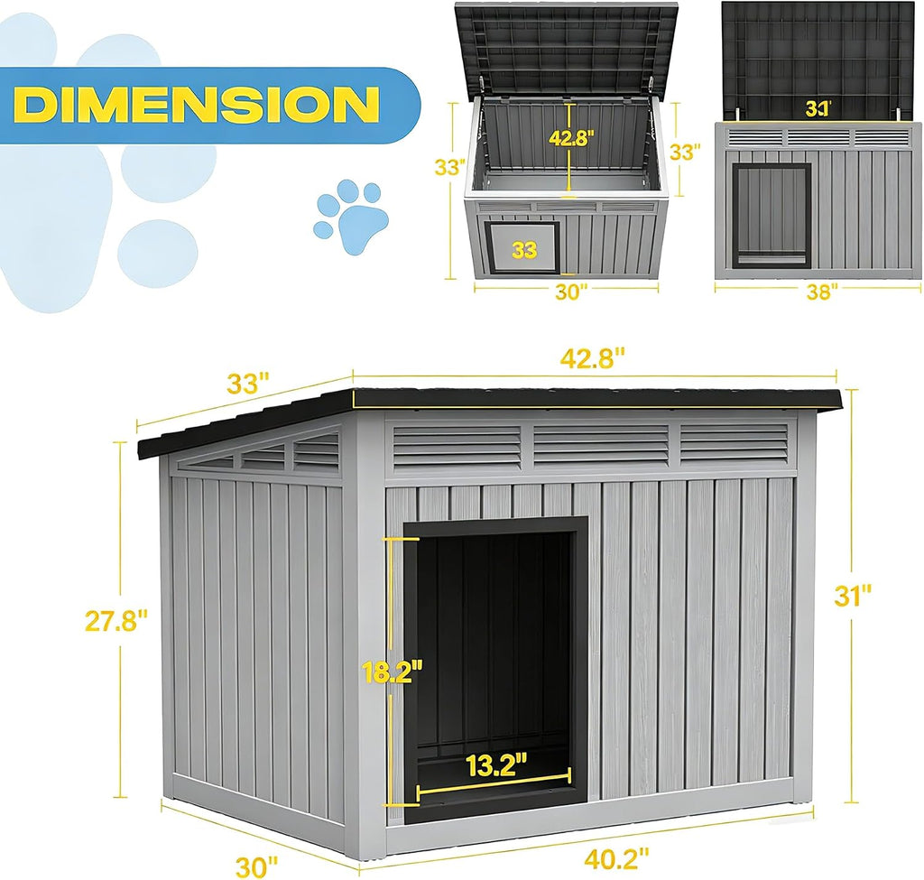 fancyango outdoor dog house for large dogs, outside showing dimensions
