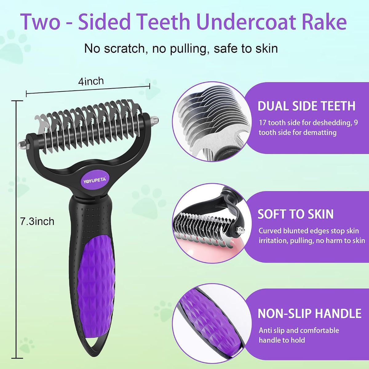3-piece dog slicker brush & undercoat rake kit showing dimensions