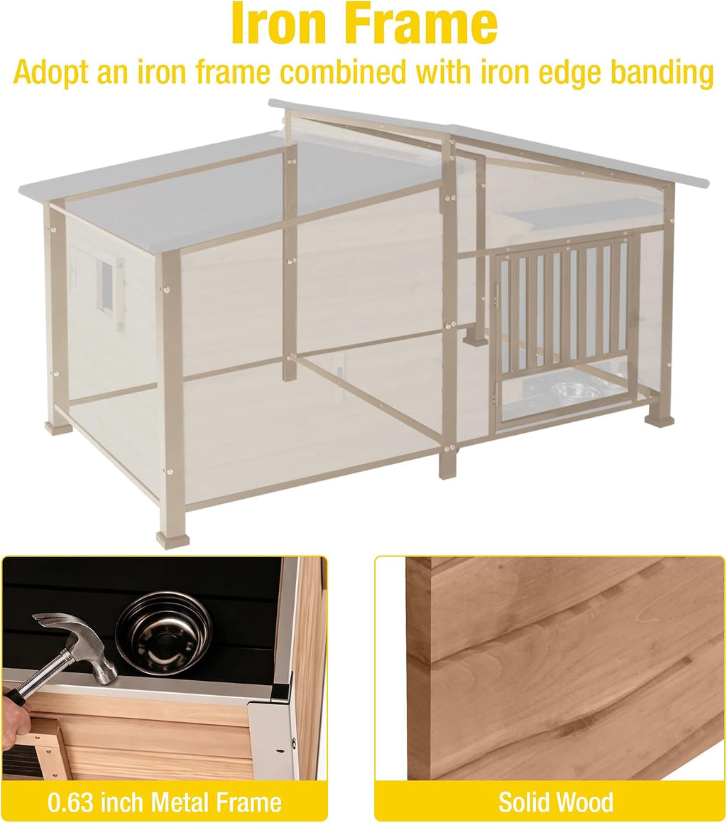 outside chew-resistant heated dog house with metal frame, close-up detail