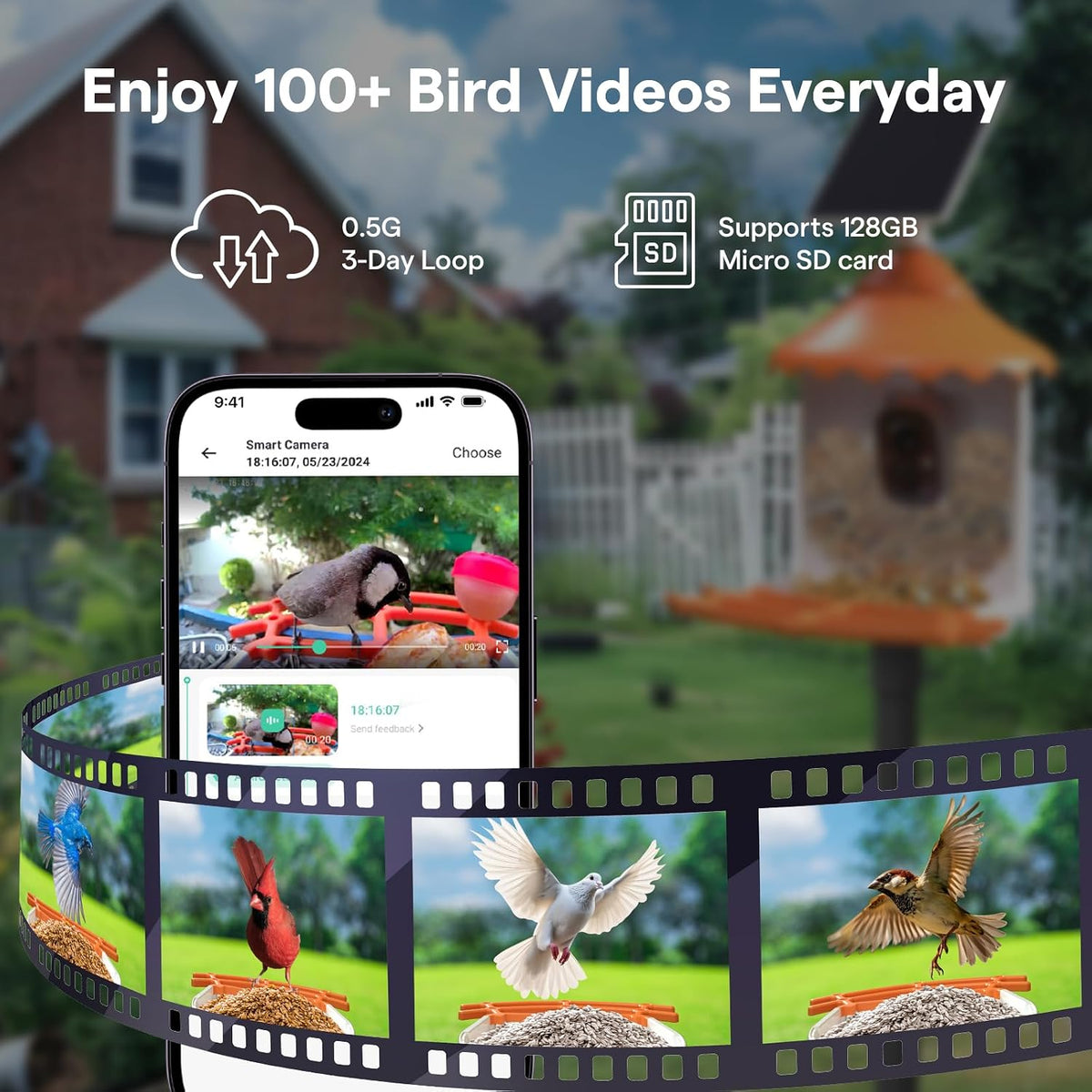 birdsview bird feeder with 2k ai camera, solar, side view