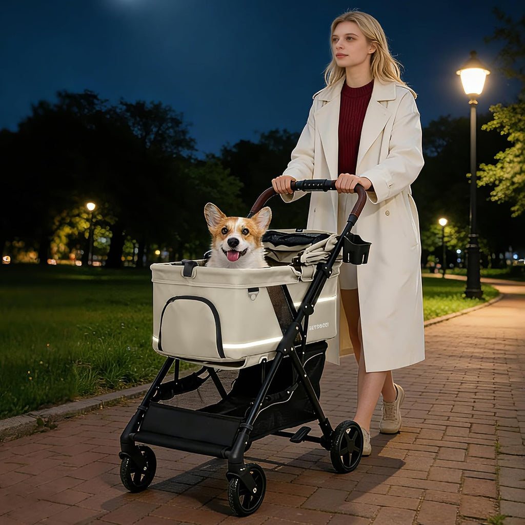 dog stroller with no-zip buckle canopy, fits 2, close-up detail