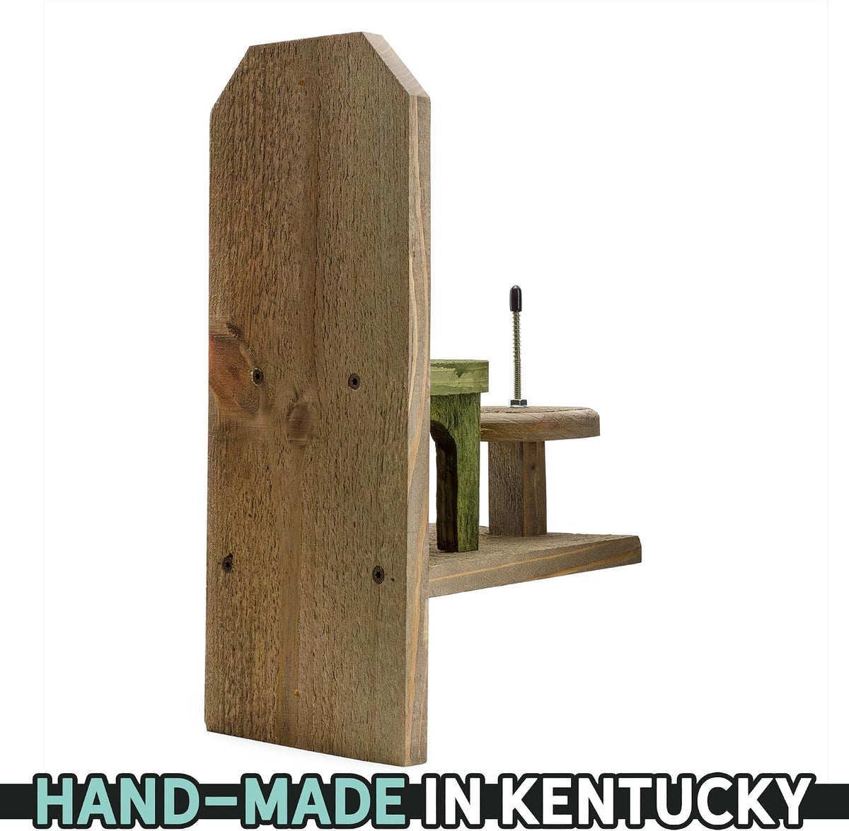 uncle dunkels’ chair squirrel feeder, handmade wood table, side view