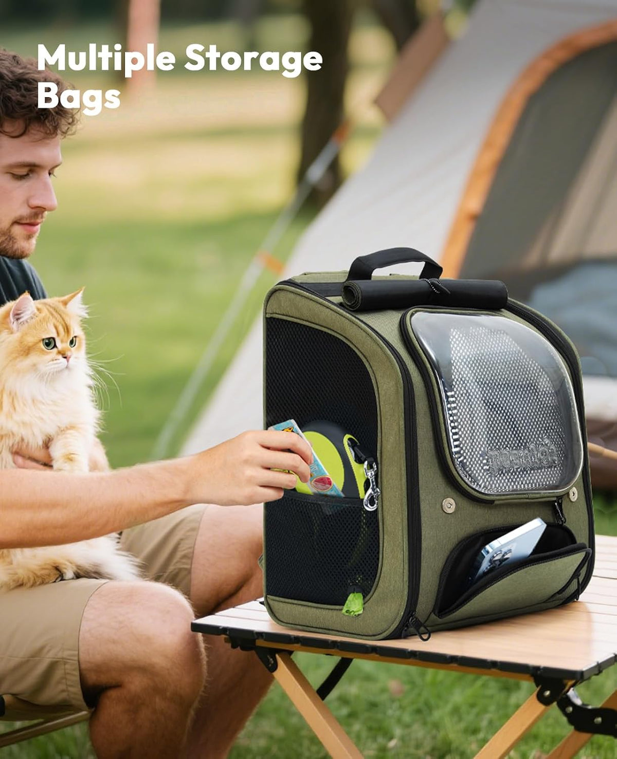 pecute cat backpack carrier,large space cat bubble backpack,ergonomic,green on a desk or shelf