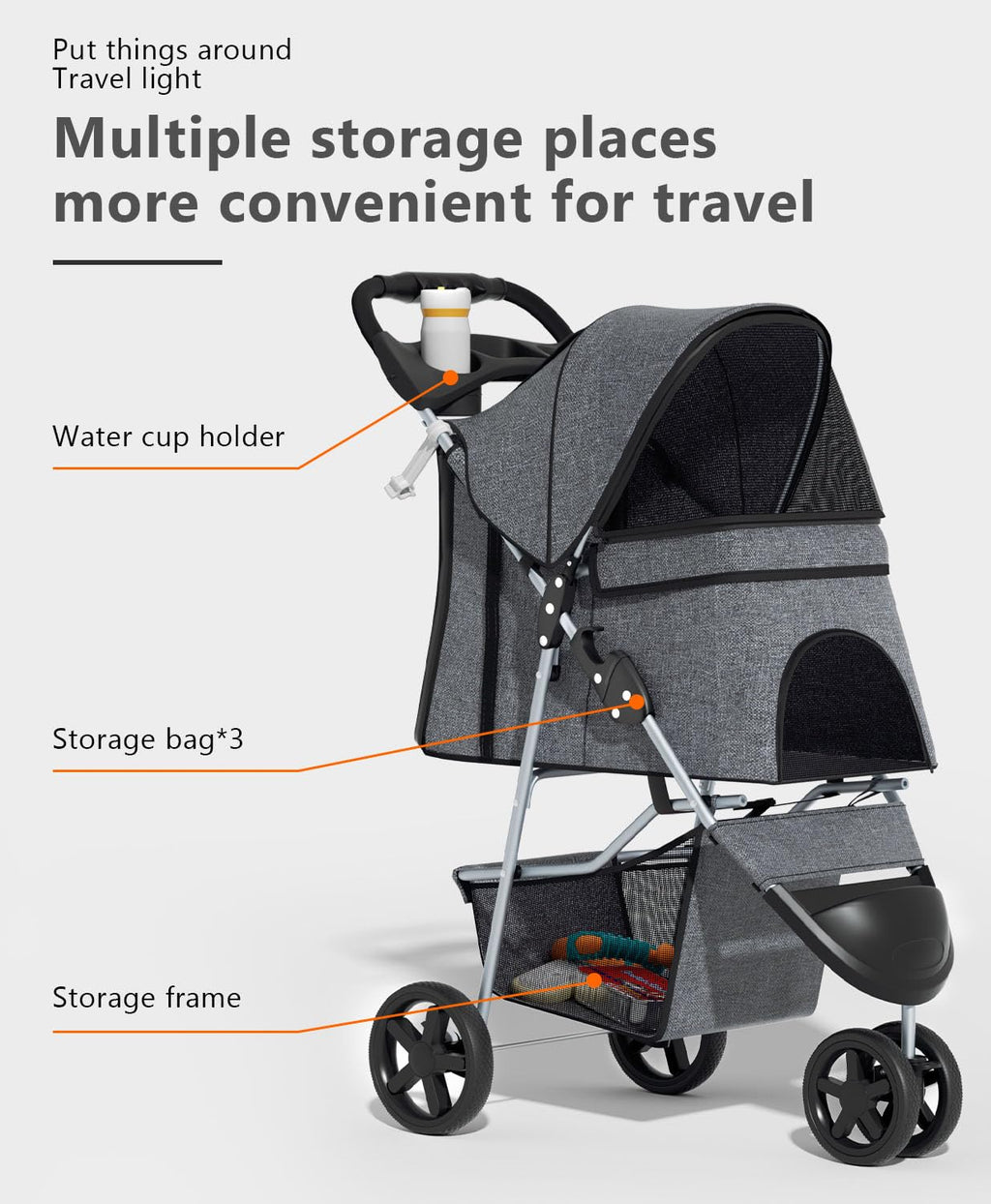 os motor 3 wheels pet stroller for small, side view