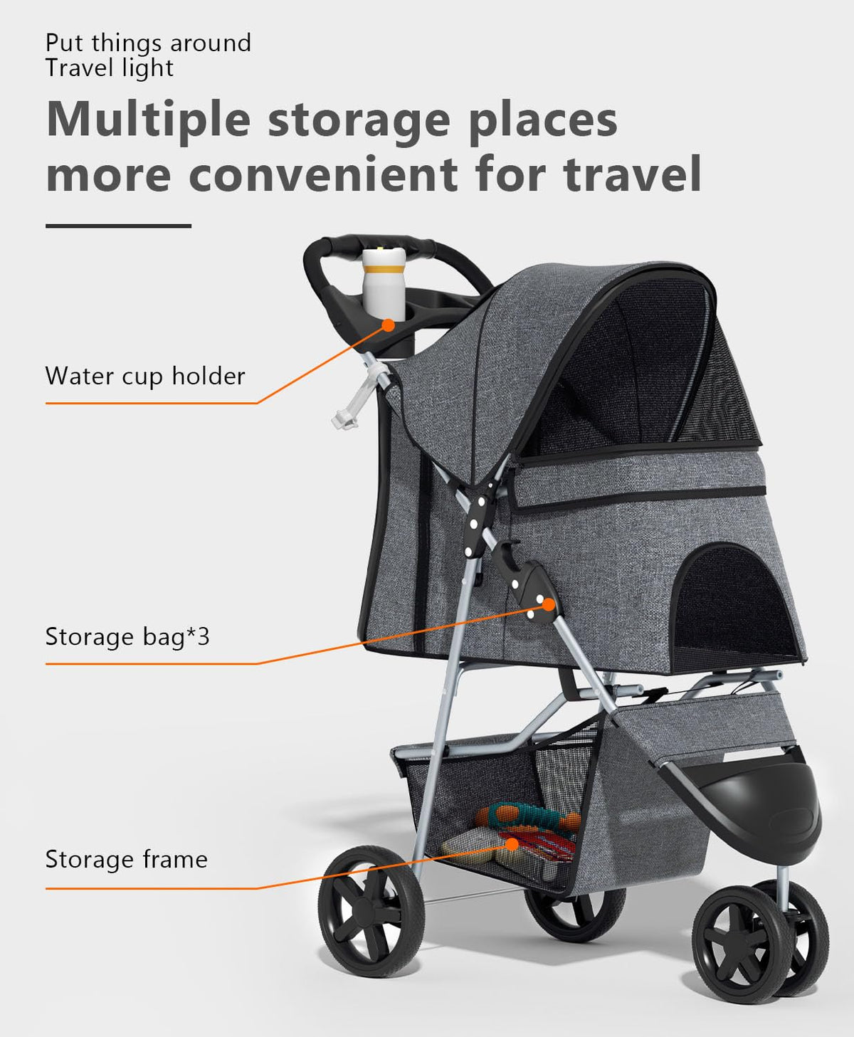 os motor 3 wheels pet stroller for small, side view