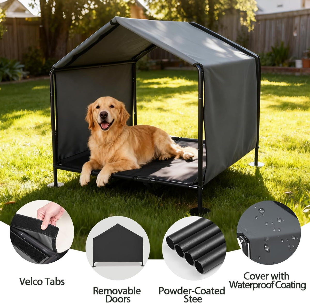 large dog canopy with elevated bed, outdoor dog showing dimensions