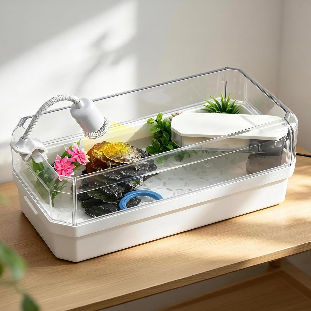 turtle tank kit with rain arm for red shown in use