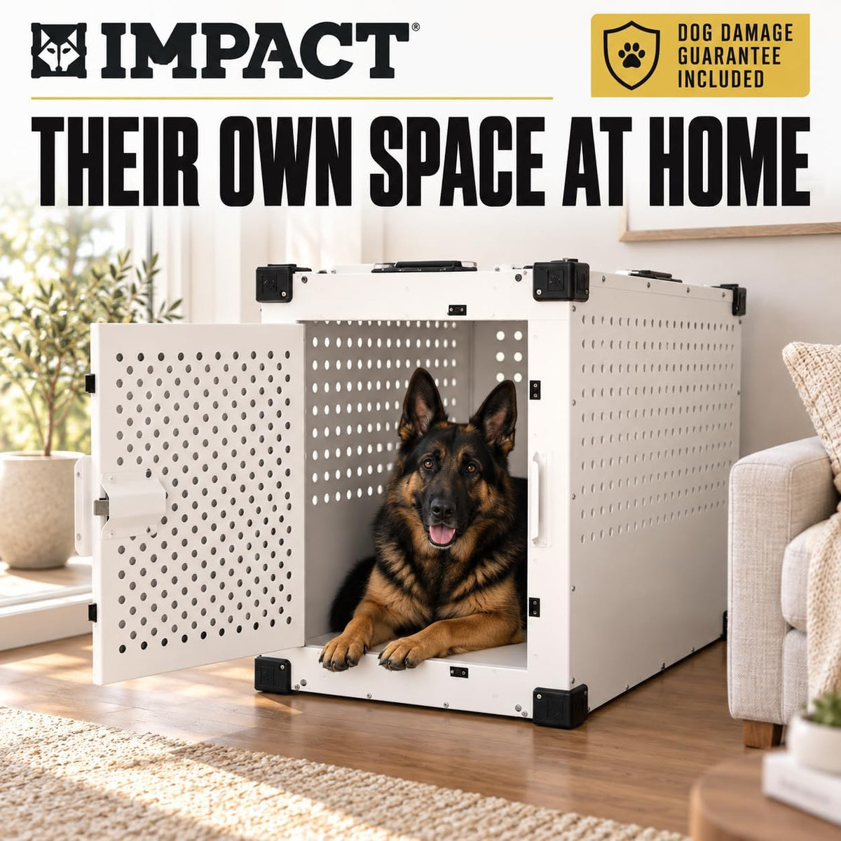 impact high anxiety dog crate - escape proof showing dimensions