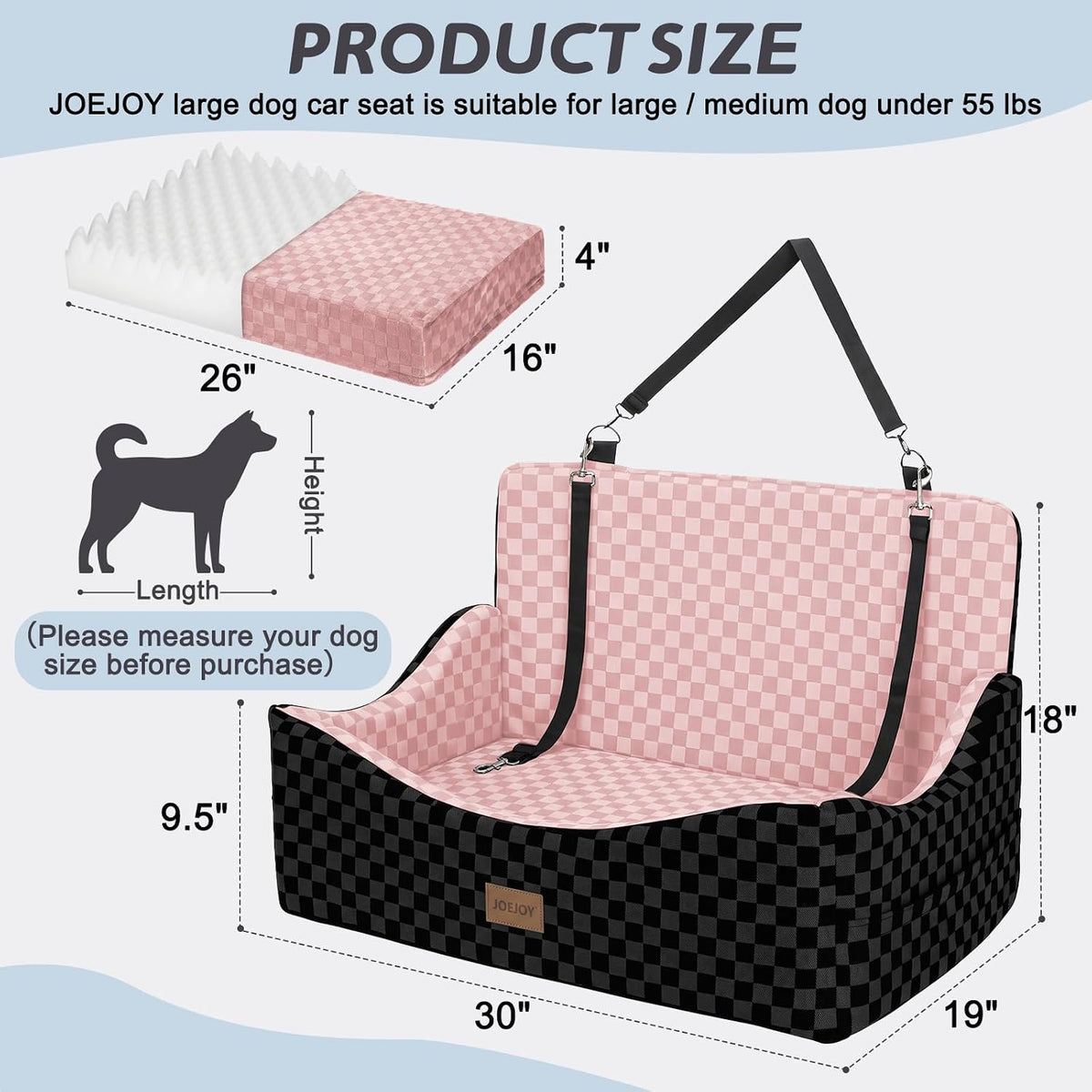 joejoy dog car seat for medium/large dogs showing dimensions