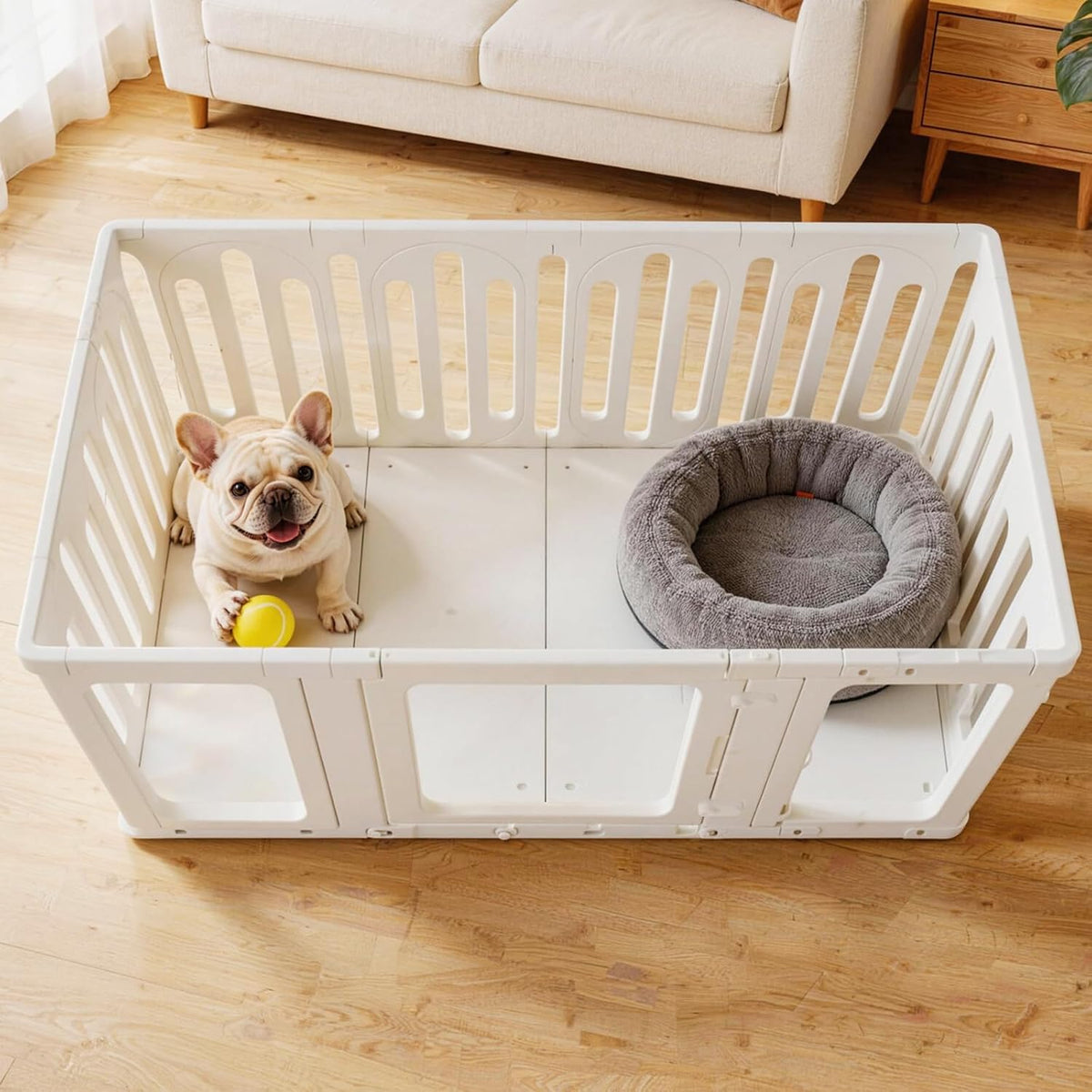 movable acrylic dog playpen indoor with bottom panels, close-up detail