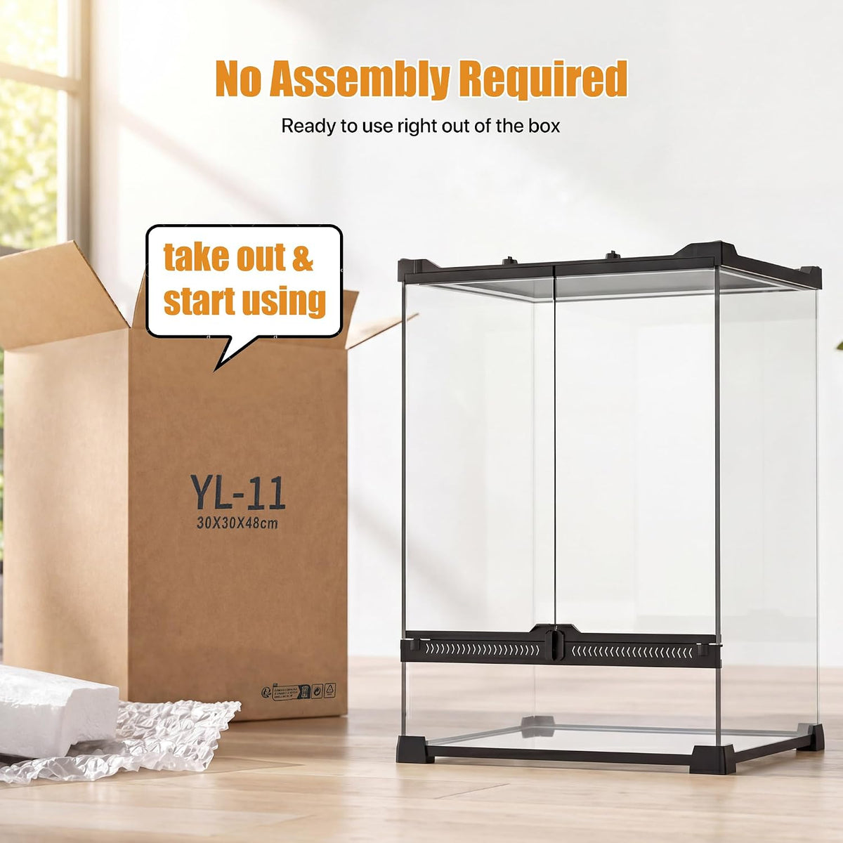 11 gallon fully assembled glass reptile enclosure,12"x 12", close-up detail