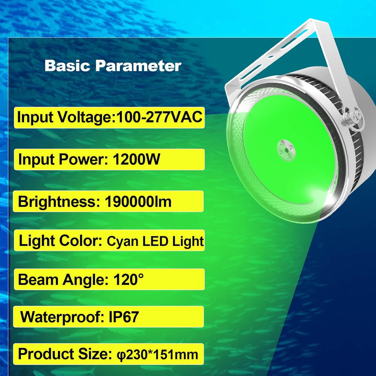 1200w led fishing lights, 190000lm high brightness fish showing dimensions
