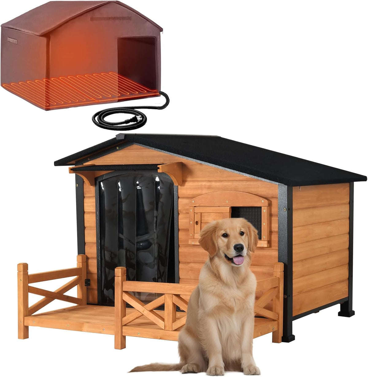 heated dog house for outdoor use with matel shown in use