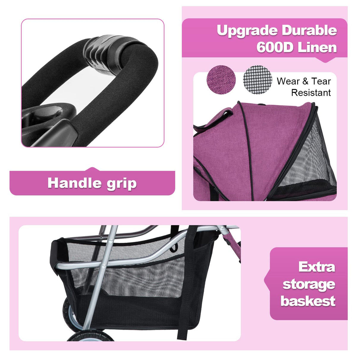 bestpet | 3-wheel foldable pet stroller | purple, close-up detail