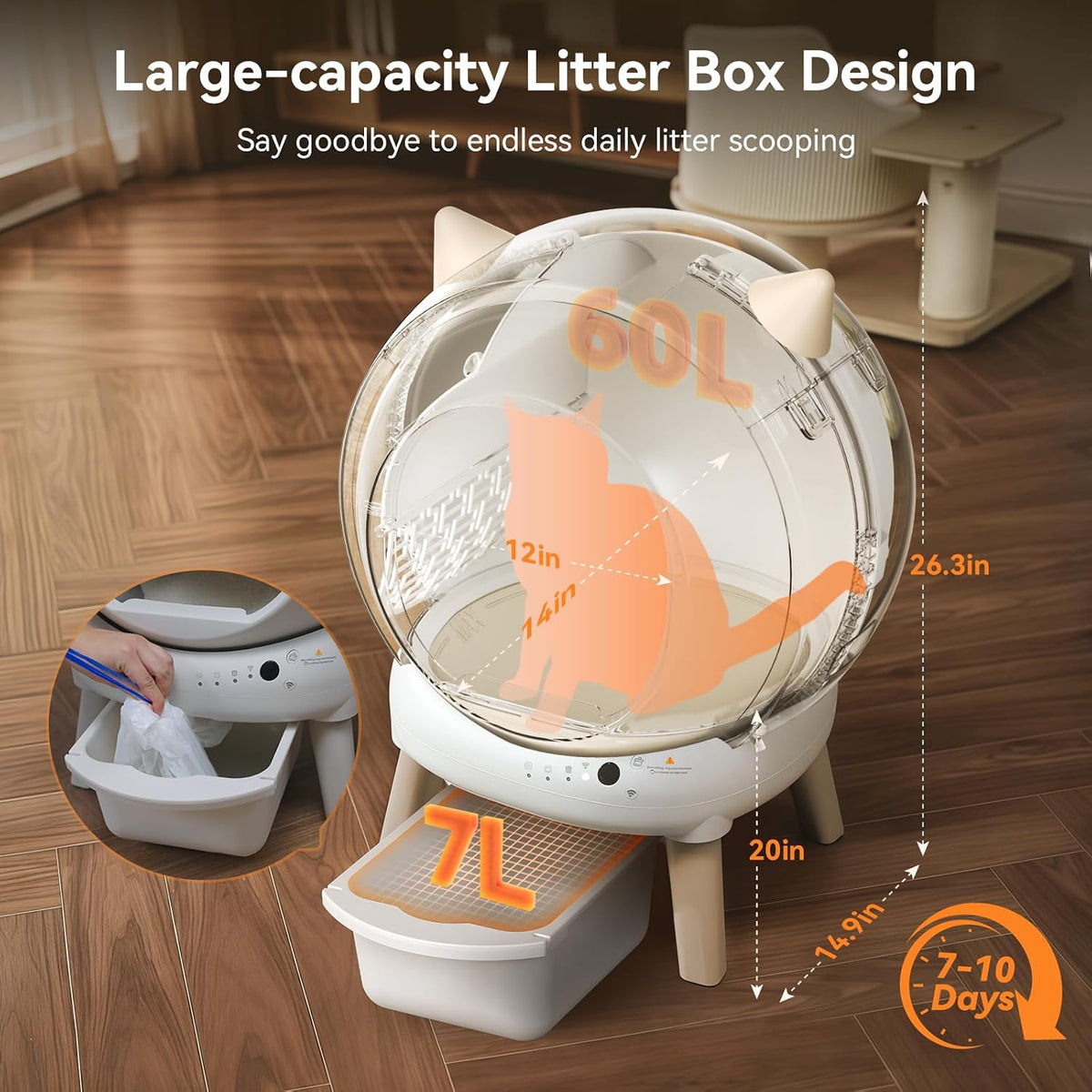 self cleaning automatic cat litter box smart robot, close-up detail
