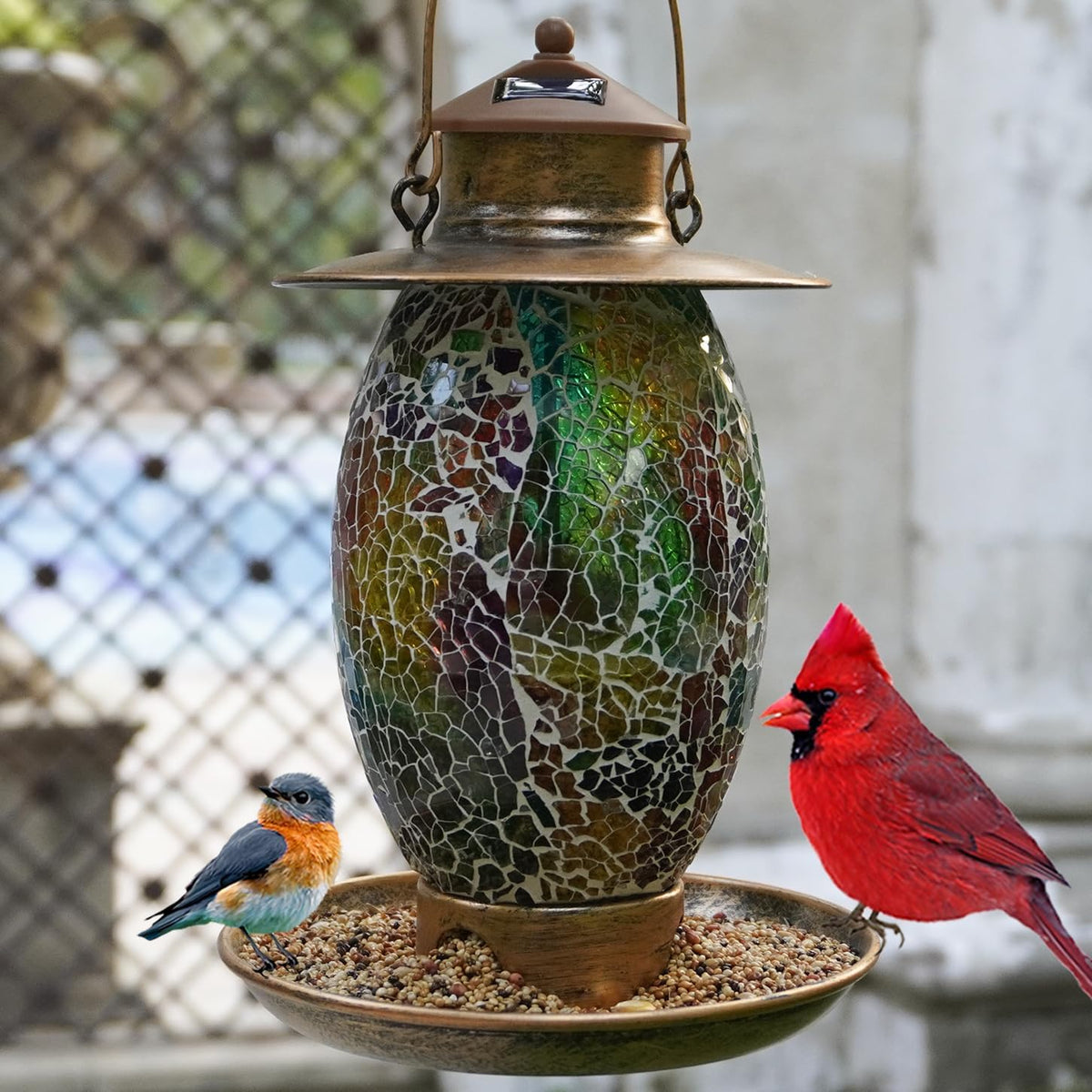 solar bird feeder with stained glass, easy clean, main product view