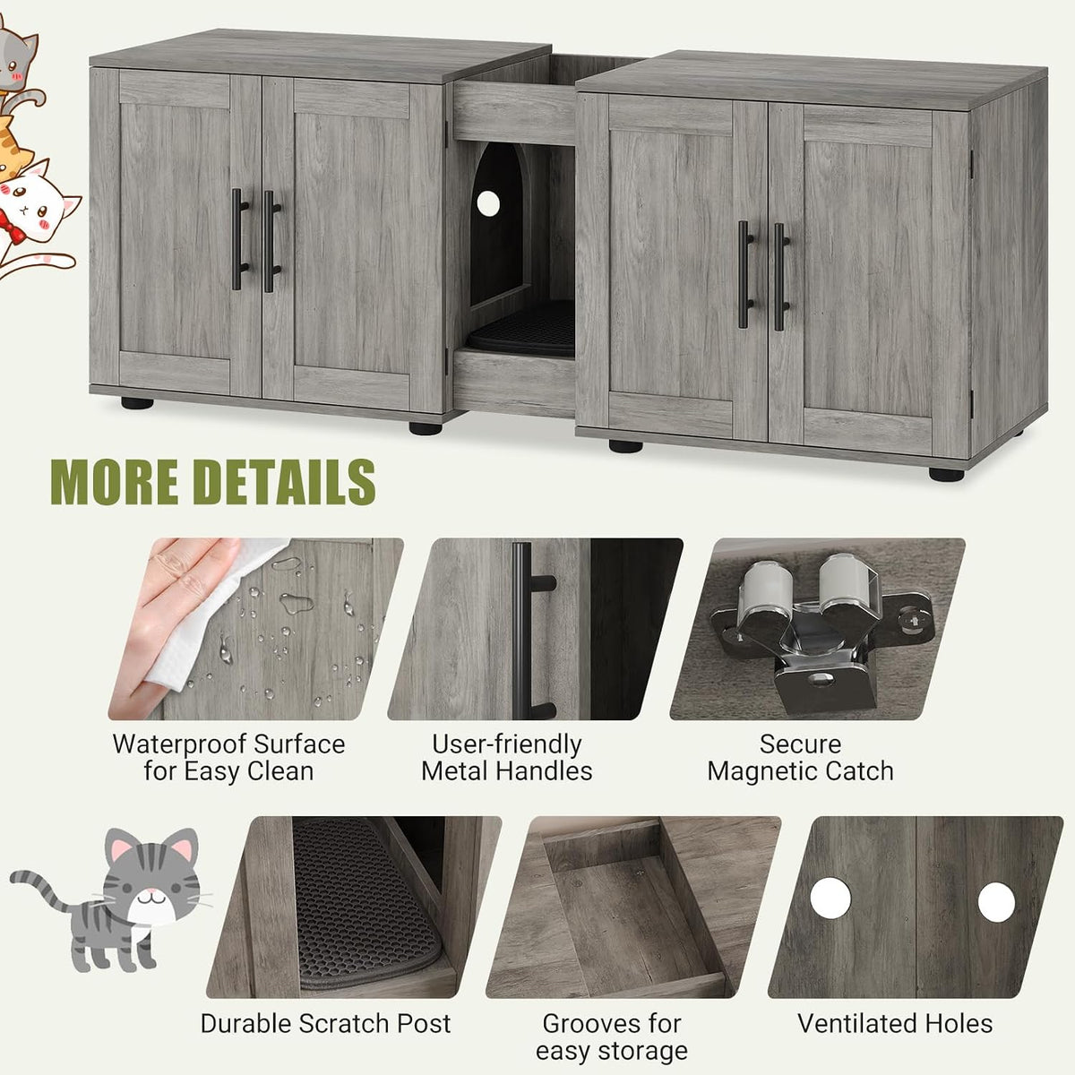 gaomon litter box enclosure with double cage, grey, side view