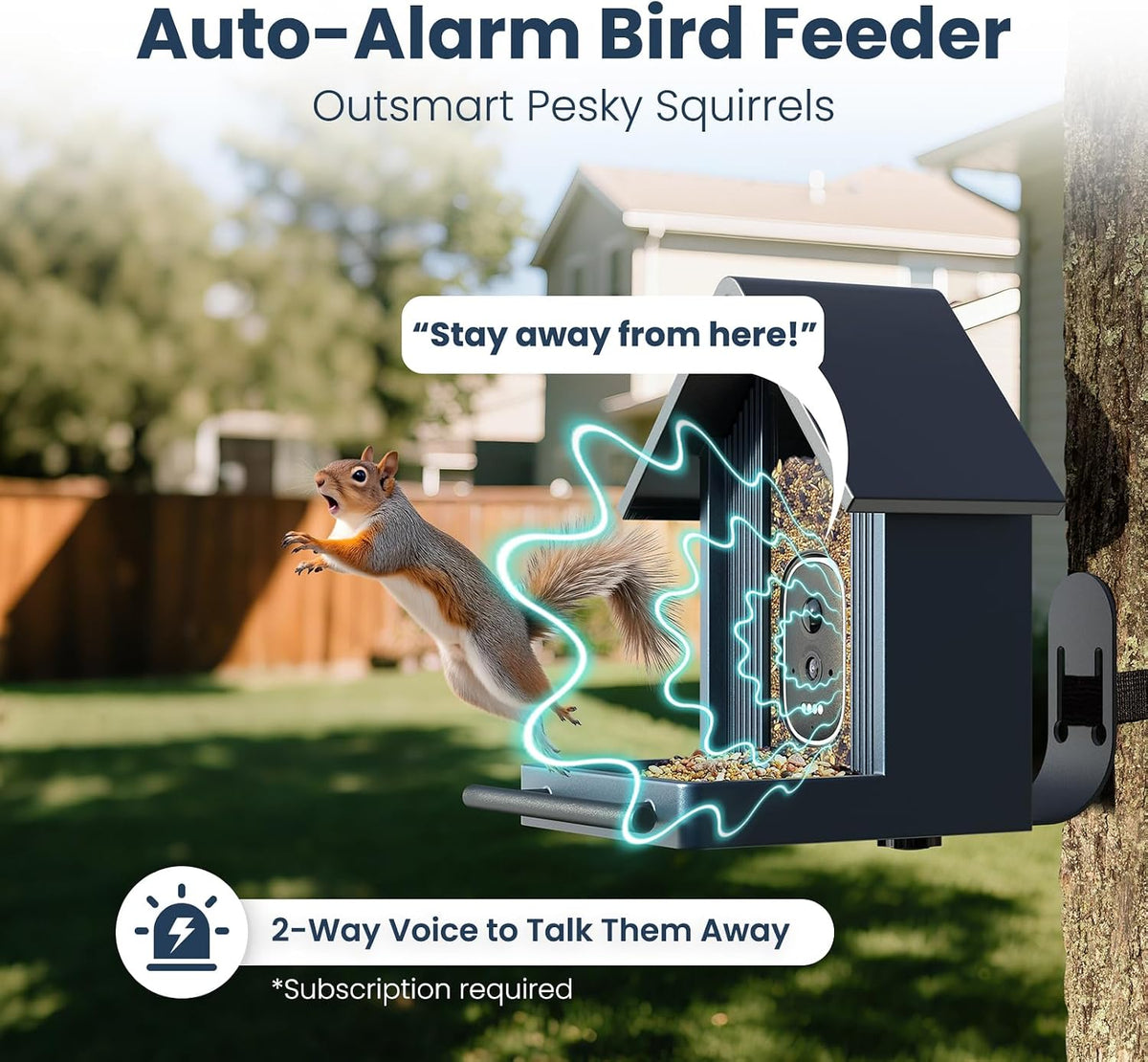 smart metal bird feeder with camera, deep blue shown in use