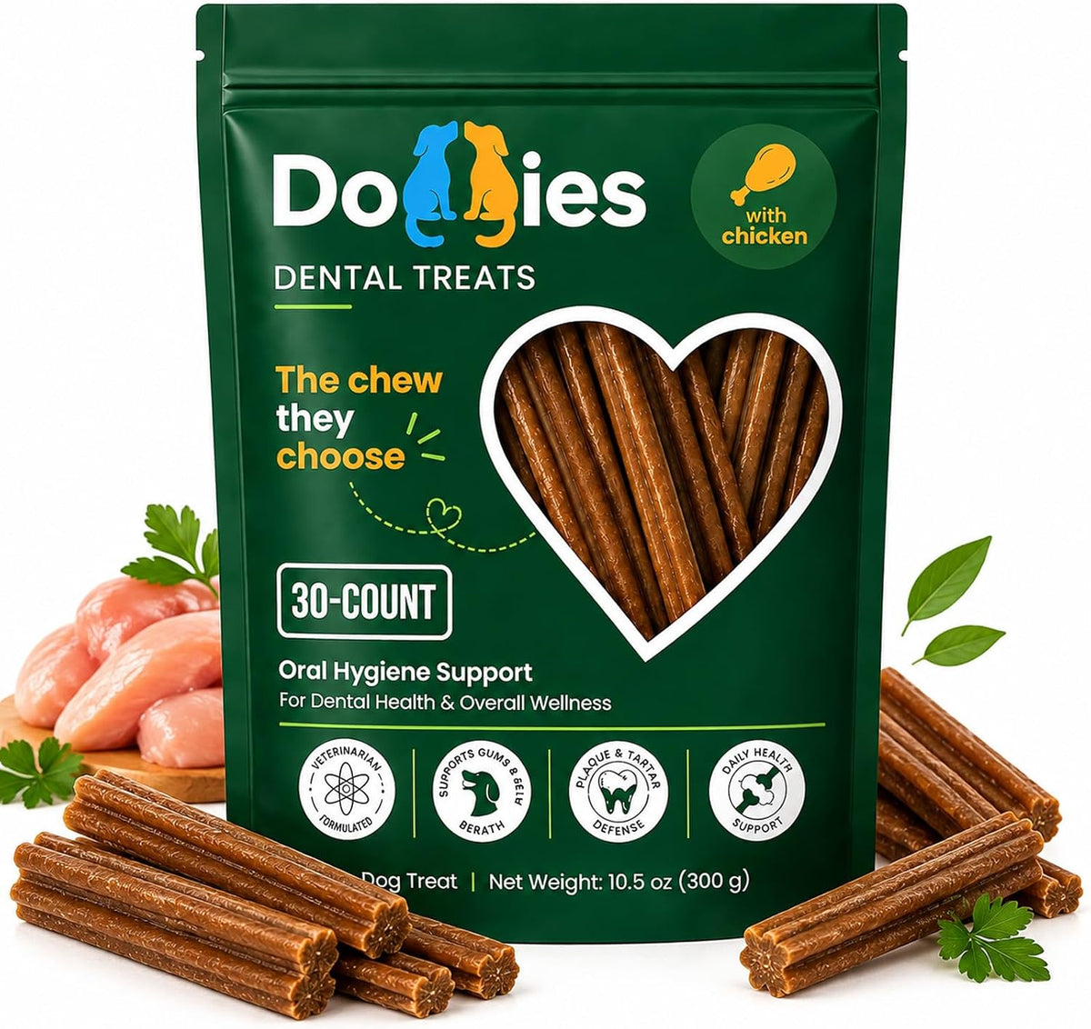 doggies dental treats with lactoferrin for dogs, chicken, main product view