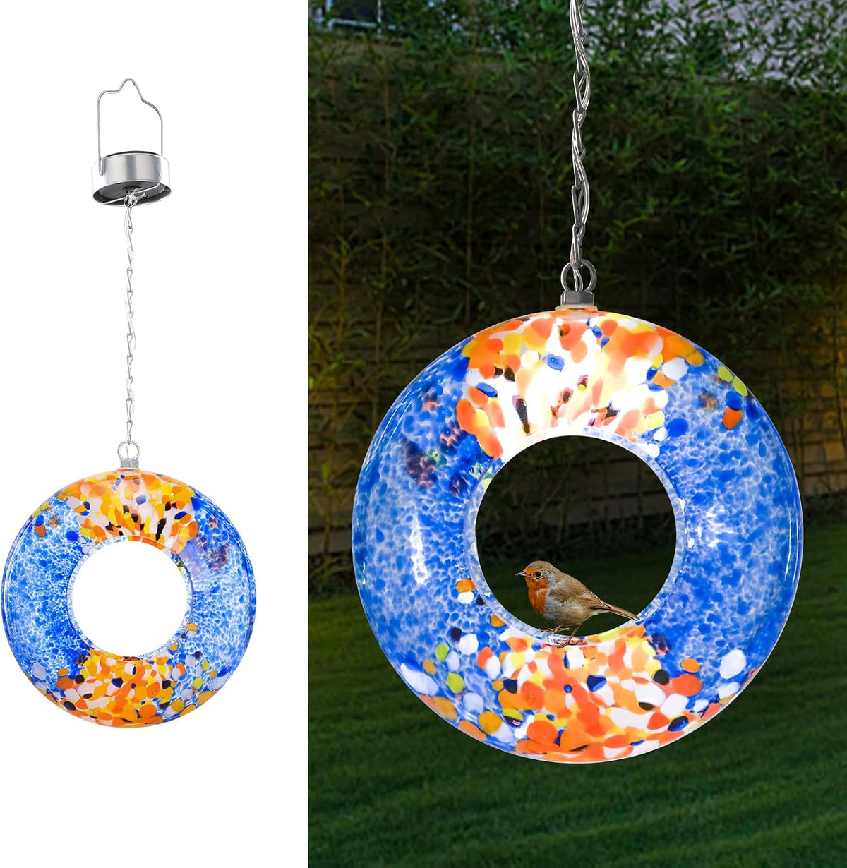 vcuteka glass bird feeder, fly through solar birdfeeders shown in use