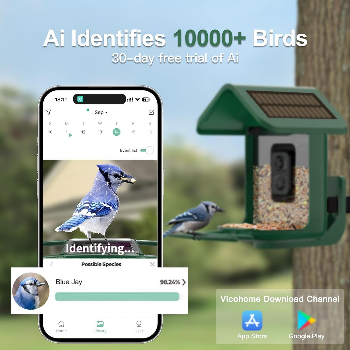 smart bird feeder with camera solar powered, 2k showing dimensions