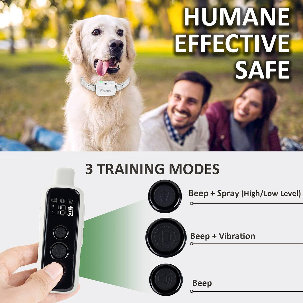citronella dog collar with remote, safer 3 modes shown in use